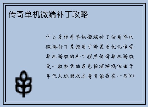 传奇单机微端补丁攻略